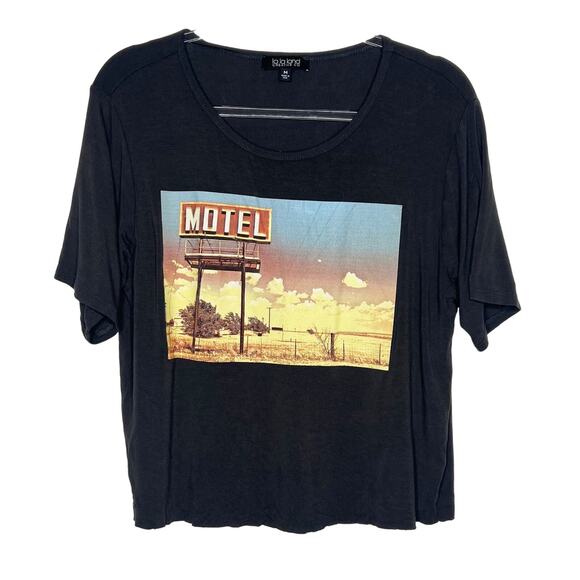 LA LA LAND CREATIVE CO Motel Graphic Crop Tee Raw Hem Scoop Neck Charcoal Size M - Picture 8 of 8